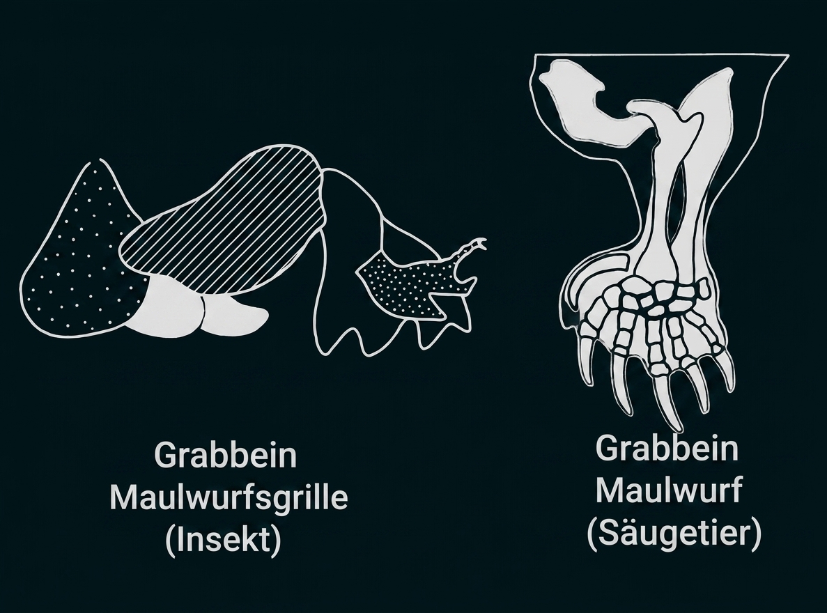Zeichnungen zweier Grabbeine: links Maulwurfsgrille (Insekt), rechts Maulwurf (Säugetier)
